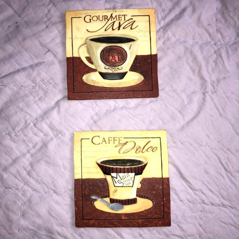 Two Coffee-themed 3D Wall Hanging Tile Art Pieces